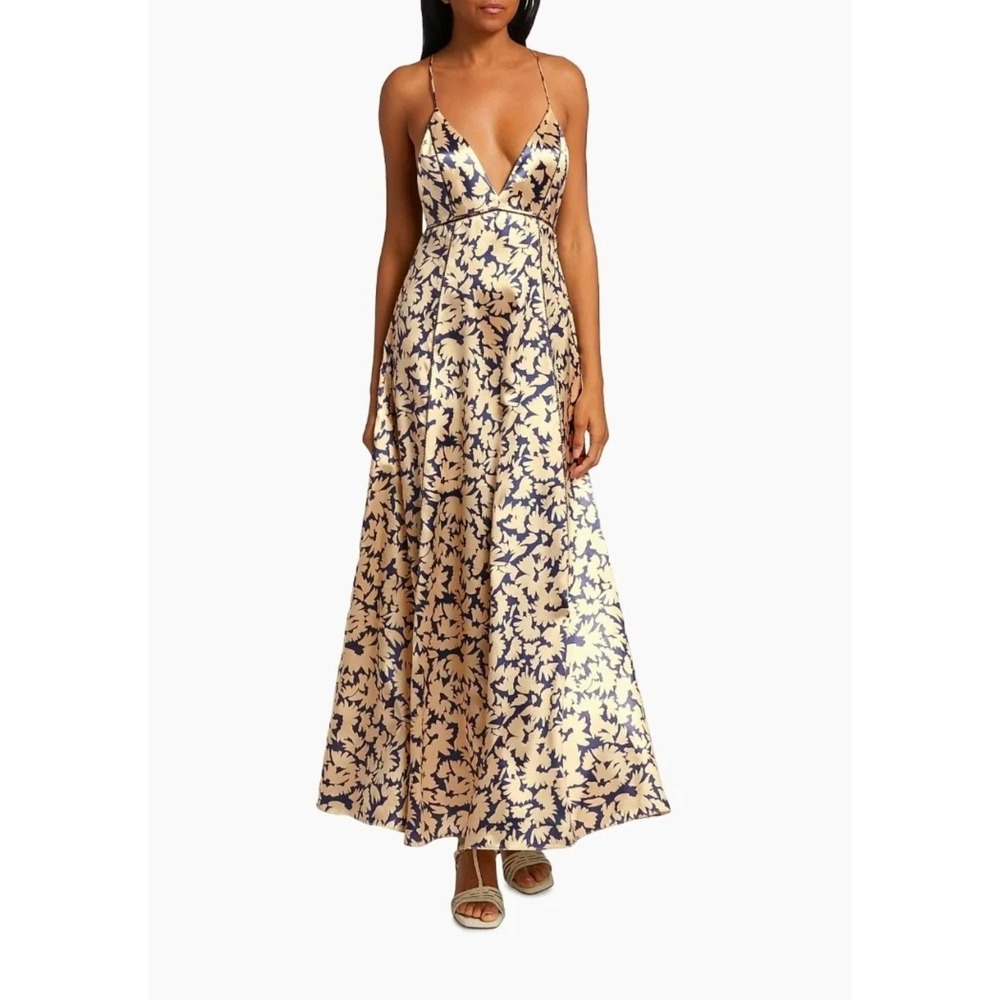 Ulla Johnson Floral Satin Maxi Dress Size 6 Blue Gold Deep V Cross Back Formal